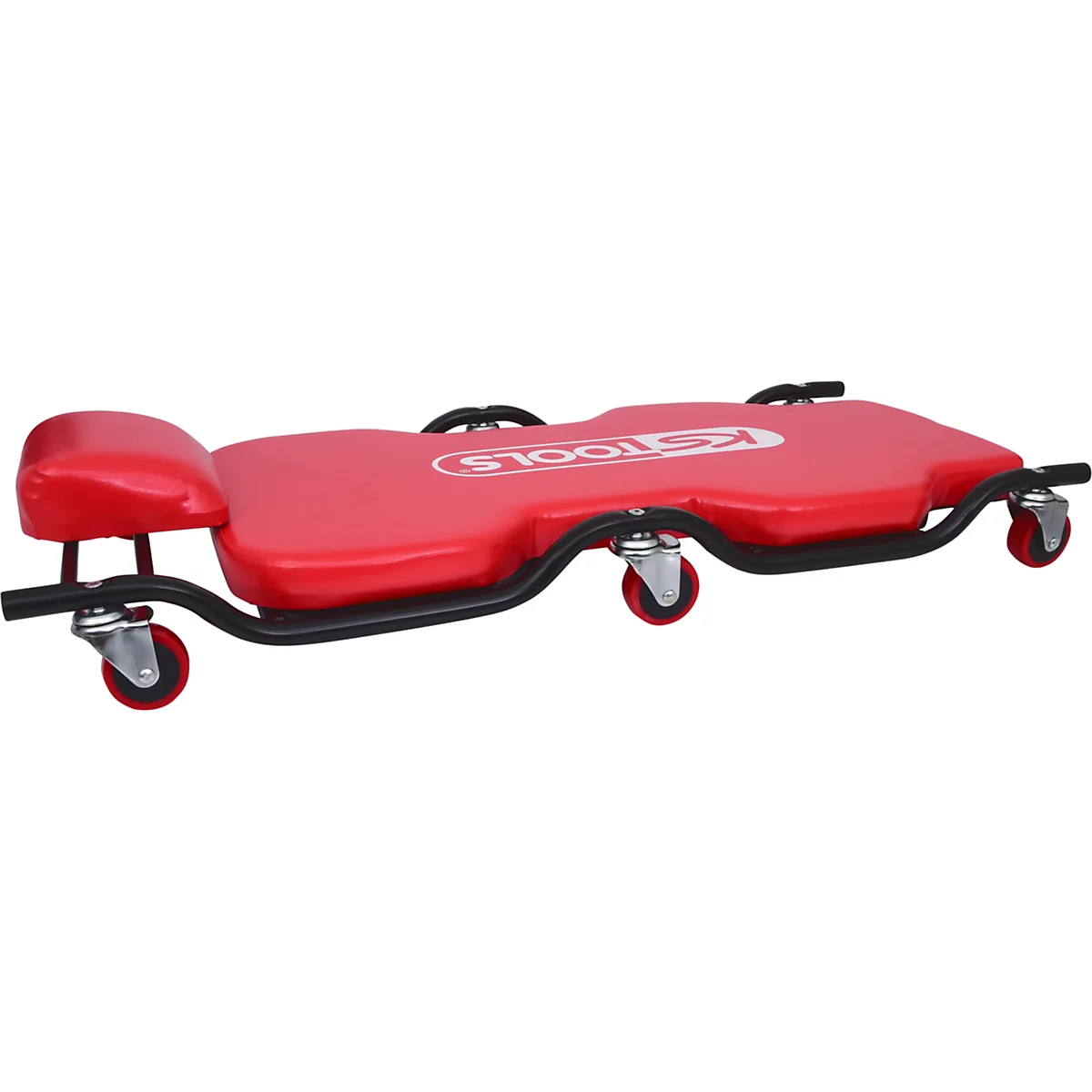 Rote Werkstattliege mit Rollen. Auf der Liege steht in weißer Schrift das Logo 'KS TOOLS'.